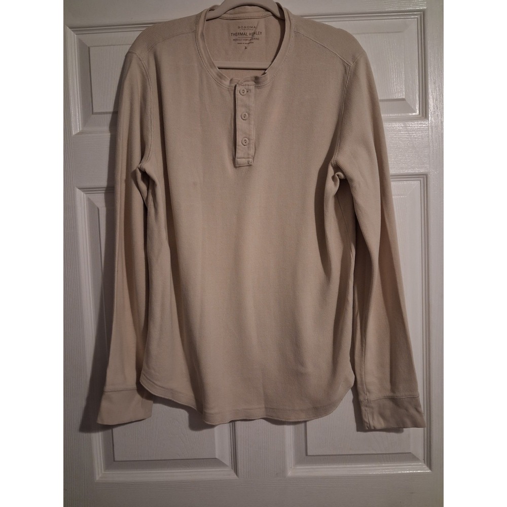 Men's Large Thermal Henley Waffle Knit Shirt 100% Cotton Long Sleeve Layering